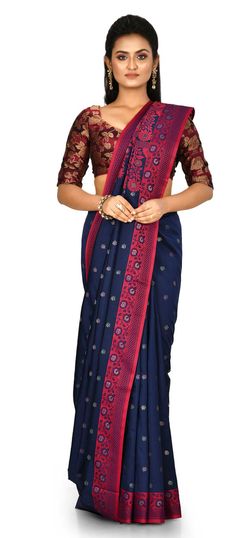 Traditional Blue color Saree in Banarasi Silk, Silk fabric with South Weaving work : 1680360