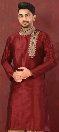 Red and Maroon color Kurta in Dupion Silk fabric with Embroidered work