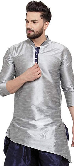 Black and Grey color Kurta in Dupion Silk fabric with Thread work
