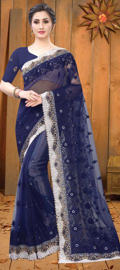 Blue color Saree in Net fabric with Embroidered, Moti, Resham, Stone, Thread, Zari work