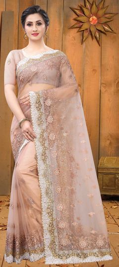 Pink and Majenta color Saree in Net fabric with Embroidered, Moti, Stone, Thread, Zari work