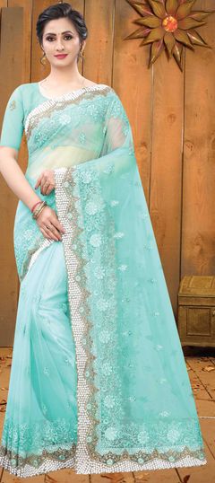 Blue color Saree in Net fabric with Embroidered, Moti, Resham, Stone, Thread, Zari work