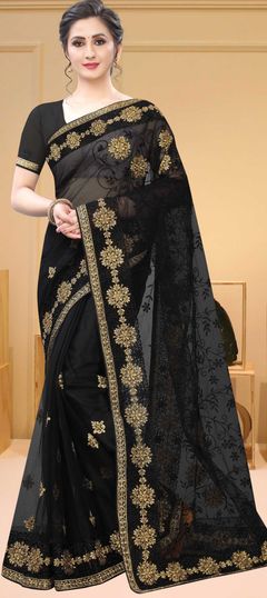 Black and Grey color Saree in Net fabric with Embroidered, Resham, Stone, Zari work