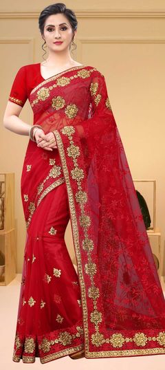 Red and Maroon color Saree in Net fabric with Embroidered, Resham, Stone, Zari work