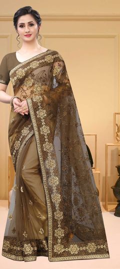 Beige and Brown color Saree in Net fabric with Embroidered, Resham, Stone, Zari work