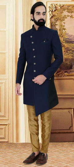 Blue color IndoWestern Dress in Jacquard fabric with Broches work