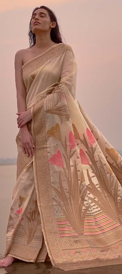 Casual, Traditional Beige and Brown color Saree in Linen fabric with Bengali Printed work : 1681594