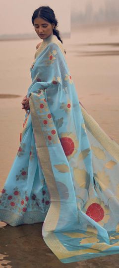 Blue color Saree in Linen fabric with Printed work