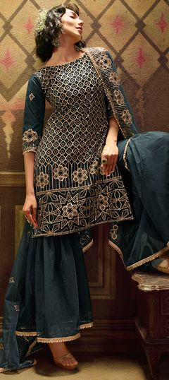 Festive, Party Wear Green color Salwar Kameez in Net fabric with Sharara Sequence work : 1681927