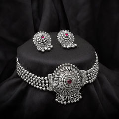 Silver Rodium Polish Red and Maroon color Necklace in Metal Alloy studded with CZ Diamond