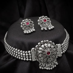 Silver Rodium Polish Red and Maroon color Necklace in Metal Alloy studded with CZ Diamond