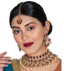 Gold Rodium Polish Red and Maroon color Necklace in Metal Alloy studded with CZ Diamond, Pearl