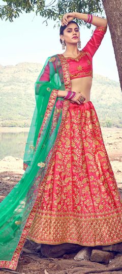 Pink and Majenta color Lehenga in Satin Silk, Silk fabric with Embroidered, Stone, Thread, Zari work