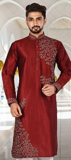 Red and Maroon color Kurta in Dupion Silk fabric with Printed work