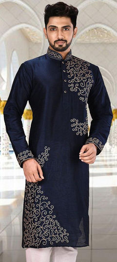 Blue color Kurta in Dupion Silk fabric with Printed work