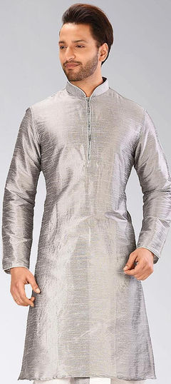 Black and Grey color Kurta in Dupion Silk fabric with Printed work