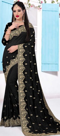 Black and Grey color Saree in Art Silk, Silk fabric with Embroidered, Stone, Thread, Zari work