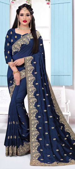 Blue color Saree in Art Silk, Silk fabric with Embroidered, Stone, Thread, Zari work