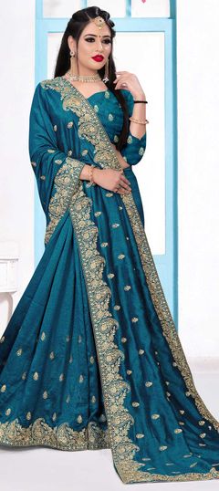 Blue color Saree in Art Silk, Silk fabric with Embroidered, Stone, Thread, Zari work