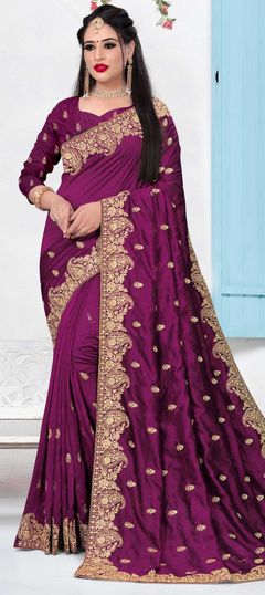 Purple and Violet color Saree in Art Silk, Silk fabric with Embroidered, Stone, Thread, Zari work