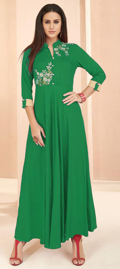 Green color Kurti in Rayon fabric with Thread work