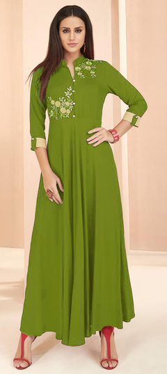 Green color Kurti in Rayon fabric with Thread work