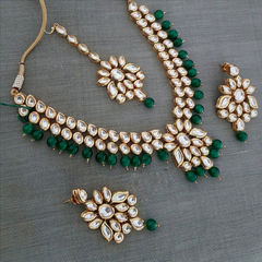 Gold Rodium Polish Green color Necklace in Metal Alloy studded with Kundan