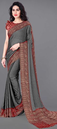 Black and Grey color Saree in Faux Chiffon fabric with Printed work
