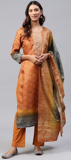 Beige and Brown color Salwar Kameez in Chanderi Silk fabric with Bandhej, Gota Patti work
