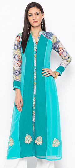 Green color Kurti in Georgette fabric with Patch work