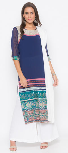 Blue color Salwar Kameez in Crepe Silk fabric with Printed work