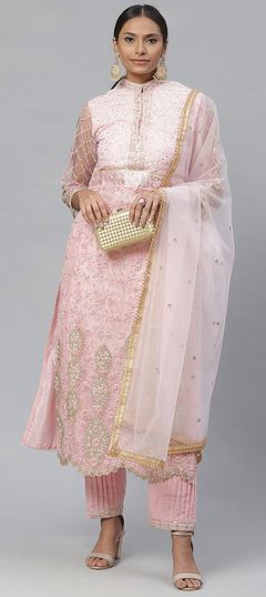 Pink and Majenta color Salwar Kameez in Net fabric with Bugle Beads, Embroidered, Resham, Stone, Thread, Zari work