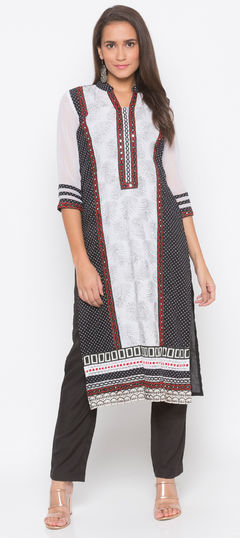 Party Wear Black and Grey, White and Off White color Tunic with Bottom in Cotton fabric with Embroidered, Thread work : 1685946