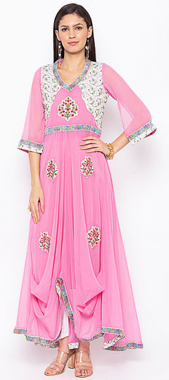 Pink and Majenta color Tunic with Bottom in Georgette fabric with Embroidered, Thread work