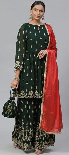 Bridal Green color Salwar Kameez in Georgette fabric with Palazzo Embroidered, Stone, Thread, Zari work : 1686106