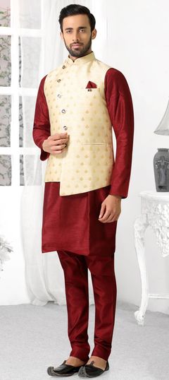 Red and Maroon color Kurta Pyjama with Jacket in Art Silk fabric with Thread work