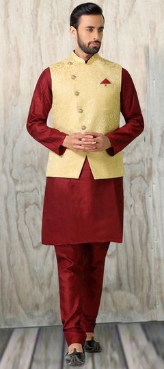 Red and Maroon color Kurta Pyjama with Jacket in Art Silk fabric with Thread work