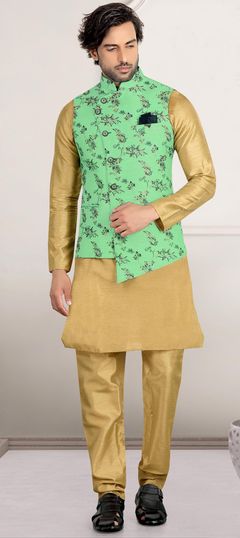 Beige and Brown color Kurta Pyjama with Jacket in Art Silk fabric with Printed work