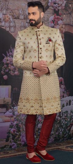 Gold color Sherwani in Banarasi Silk fabric with Embroidered, Thread work : 1686269