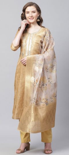 Gold color Salwar Kameez in Art Silk fabric with Gota Patti work