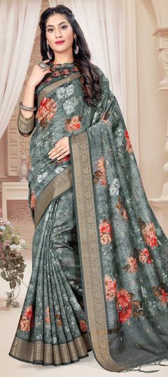 Blue color Saree in Art Silk, Silk fabric with Digital Print, Floral, Weaving work