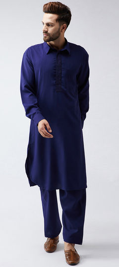 Blue color Kurta Pyjamas in Rayon fabric with Thread work