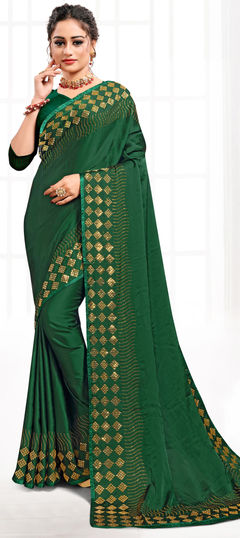 Green color Saree in Lycra, Silk fabric with Stone work