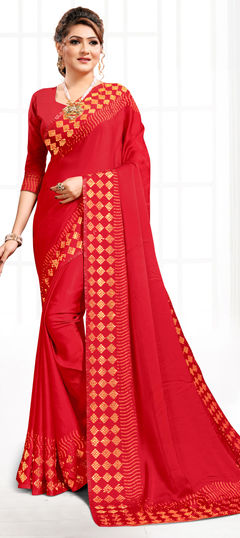Red and Maroon color Saree in Satin Silk, Silk fabric with Stone work