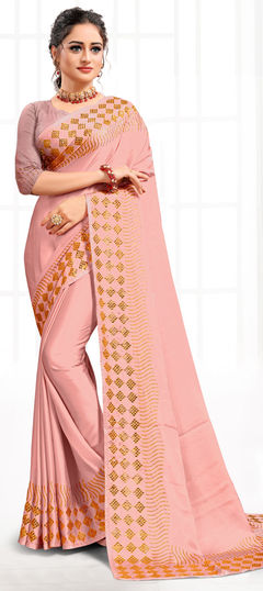 Pink and Majenta color Saree in Satin Silk, Silk fabric with Stone work