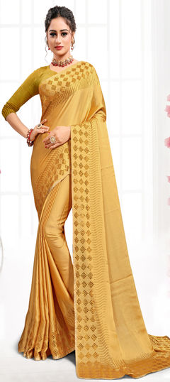 Yellow color Saree in Satin Silk, Silk fabric with Stone work
