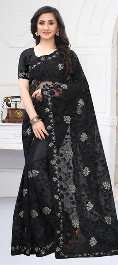 Black and Grey color Saree in Net fabric with Embroidered, Resham, Thread, Zari, Zircon work