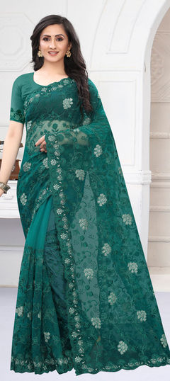 Green color Saree in Net fabric with Embroidered, Resham, Thread, Zari, Zircon work