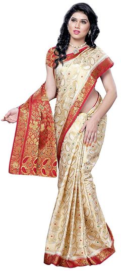 Beige and Brown color Saree in Kanchipuram Silk, Silk fabric with Zari work