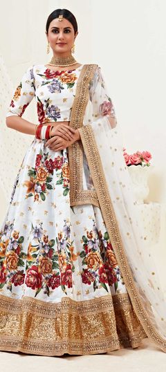 Festive, Party Wear White and Off White color Lehenga in Bangalore Silk fabric with A Line Border, Embroidered, Floral, Printed, Sequence work : 1687570